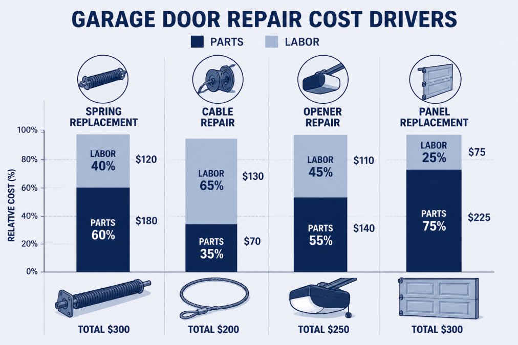 Bar chart comparing relative cost drivers for common garage door repairs: spring replacement, cable repair, opener repair, and panel replacement, showing parts versus labor split