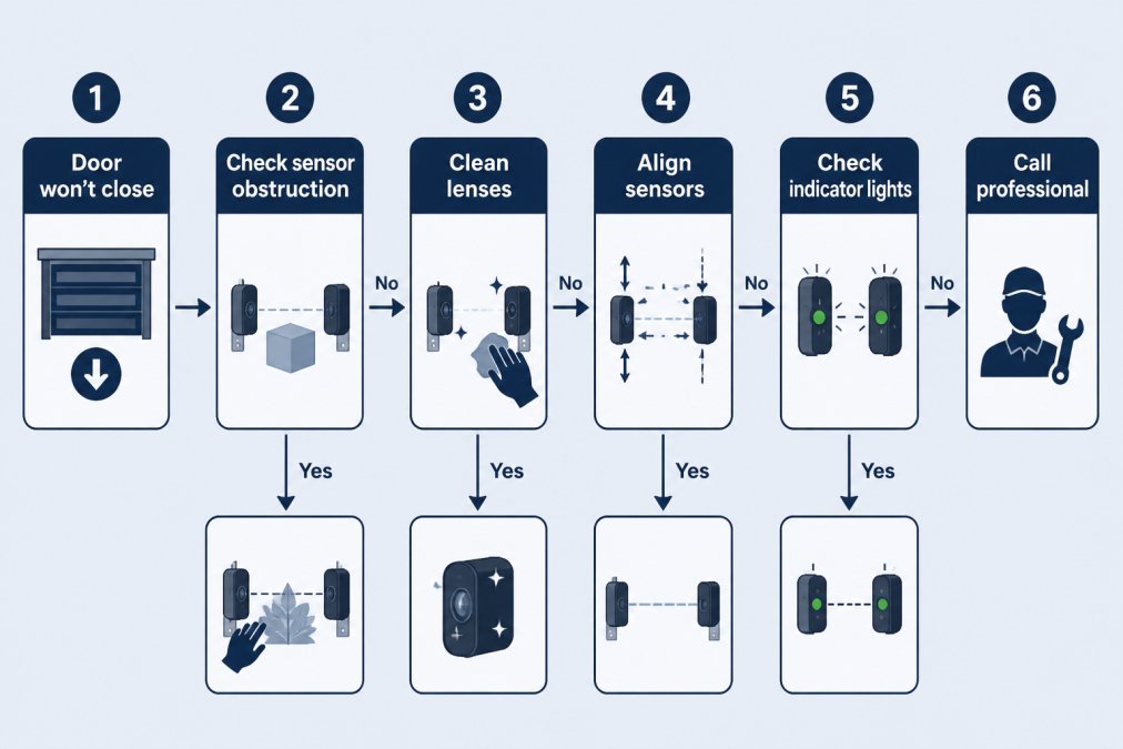 Flowchart for troubleshooting a garage door won't close issue by checking sensor obstructions, lens cleaning, and alignment.