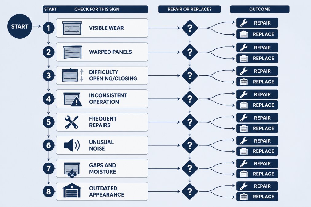 Flowchart showing 8 garage door warning signs in decision order: visible wear, warped panels, difficulty opening/closing, inconsistent operation, frequent repairs, unusual noise, gaps and moisture, outdated appearance. ### 1. Visible Wear, Dents, and Corrosion Surface dents and chipped paint are the first things we look at. A few dents won't kill a door, but rust that returns after repainting usually means moisture is trapped inside the panels, and that damage spreads. If corrosion covers more than a small section, replacement is often cheaper than chasing it. ### 2. Damaged or Warped Panels Warped panels are structural, not cosmetic. Wood doors absorb moisture and bow; steel doors bend after impact. Once panels warp, the door stops sealing evenly, and past 15 years, replacement panels are often hard to source. ### 3. Difficulty Opening or Closing A door that strains, sticks, or needs a second push points to a tired opener motor, a worn torsion spring, or a bent track, the first thing we diagnose on a call. ### 4. Inconsistent Operation Does the door open fine Monday and stop halfway Tuesday? Inconsistent operation points to a mechanical issue that's getting worse, not better. Intermittent problems rarely fix themselves. They usually end with a door stuck open or closed at the worst possible time. ### 5. Frequent Repairs and Recurring Part Replacement Here's the math most homeowners miss: two or more repairs in a single year, or replacing the same part again, means you're funding a door that's already failing. When annual repair costs climb toward the price of a new door, replacement wins. ### 6. Unusual or Excessive Noise Garage doors aren't silent, but grinding, scraping, or a loud bang is not normal. A sharp bang often means a snapped spring; grinding usually means worn rollers or tracks. Noise alone rarely justifies a new door, but it always justifies an inspection. ### 7. Gaps, Moisture, and Pest Entry Run your hand along the bottom seal. If you feel daylight or a draft, you've got a gap. Gaps let in rain, snow, and cold air, and invite pests and, in the worst cases, intruders. Sometimes a new weather seal fixes it; if the panels themselves are warped, sealing won't help. ### 8. Outdated Appearance Dragging Down Curb Appeal Your garage door can take up a big share of your home's front-facing look. A door that's faded, mismatched, or visibly dated pulls the whole facade down with it. This sign is about value rather than function, and it's worth weighing honestly. ## Garage Door Lifespan: How Long Should Yours Last? A well-maintained [garage door